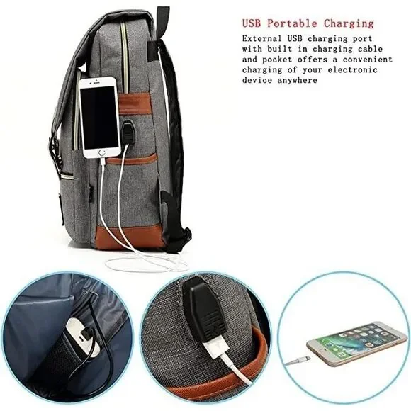 Canvas Grey 15.6" Laptop Backpack USB Charging Port - British Vintage Style - Picture 4 of 15